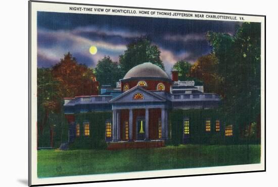 Virginia, Exterior View of the Monticello at Night near Charlottesville-Lantern Press-Mounted Art Print