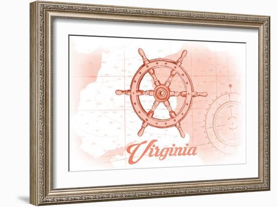 Virginia - Ship Wheel - Coral - Coastal Icon-Lantern Press-Framed Art Print