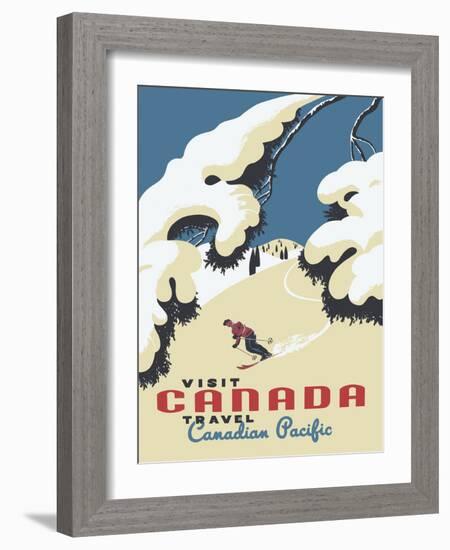 Visit Canada - Skiing - Travel Canadian Pacific, Vintage Railroad Travel Poster, 1955-Roger Couillard-Framed Art Print