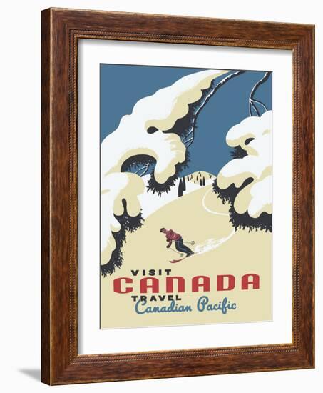 Visit Canada - Skiing - Travel Canadian Pacific, Vintage Railroad Travel Poster, 1955-Roger Couillard-Framed Art Print
