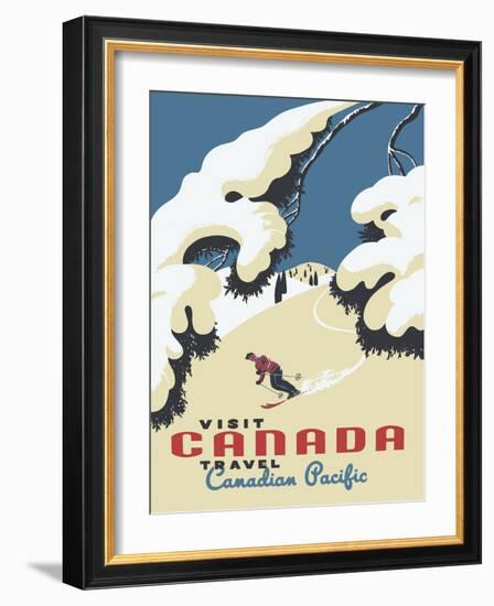 Visit Canada - Skiing - Travel Canadian Pacific, Vintage Railroad Travel Poster, 1955-Roger Couillard-Framed Art Print