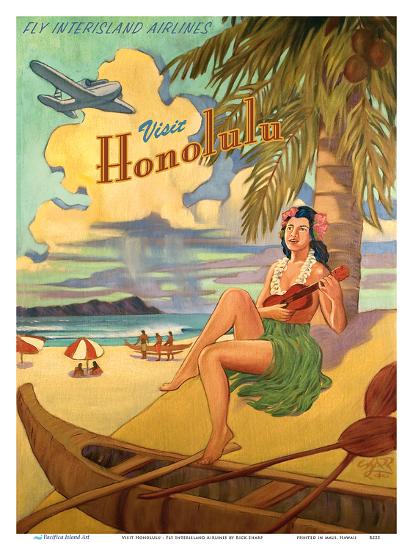 Visit Honolulu Hawaii Hula Girl Playing Ukulele Fly Interisland Airlines Art Print Rick Sharp Art Com