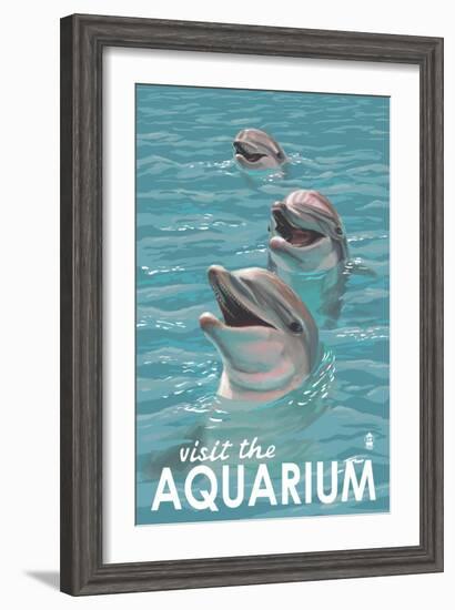 Visit the Aquarium, Dolphins Scene-Lantern Press-Framed Art Print