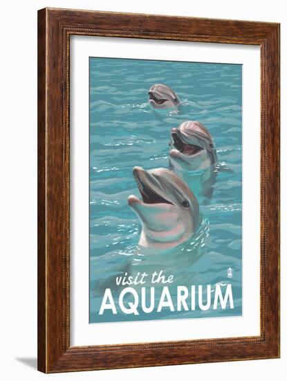 Visit the Aquarium, Dolphins Scene-Lantern Press-Framed Premium Giclee Print