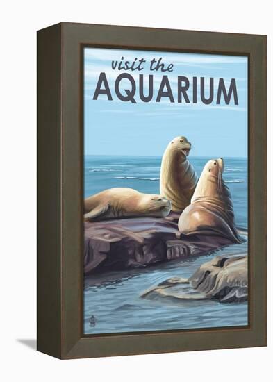 Visit the Aquarium, Sea Lions Scene-Lantern Press-Framed Stretched Canvas