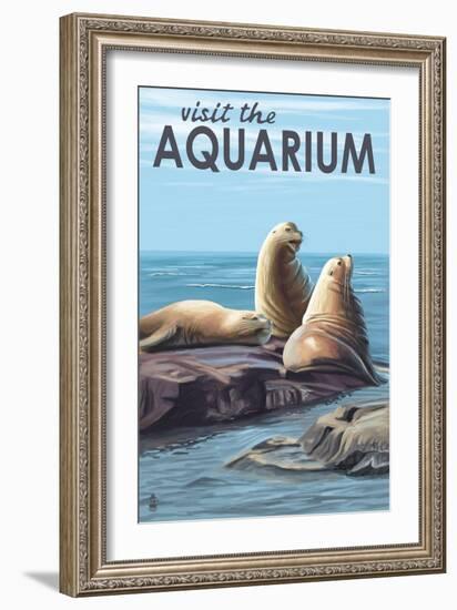 Visit the Aquarium, Sea Lions Scene-Lantern Press-Framed Art Print