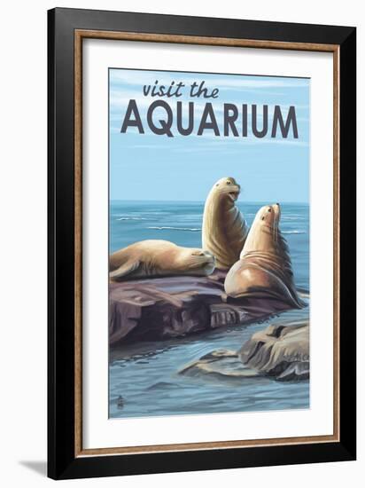 Visit the Aquarium, Sea Lions Scene-Lantern Press-Framed Art Print