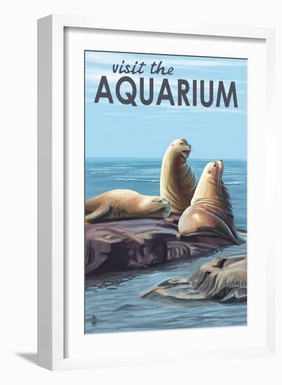 Visit the Aquarium, Sea Lions Scene-Lantern Press-Framed Art Print