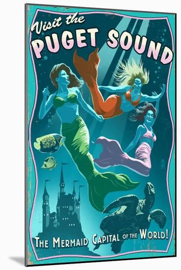 Visit the Puget Sound - Mermaids Vintage Sign-Lantern Press-Mounted Art Print