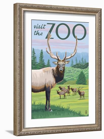 Visit the Zoo, Elk and Herd-Lantern Press-Framed Premium Giclee Print