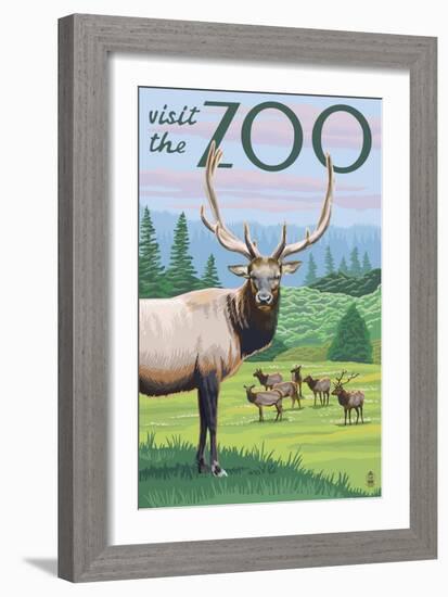 Visit the Zoo, Elk and Herd-Lantern Press-Framed Premium Giclee Print