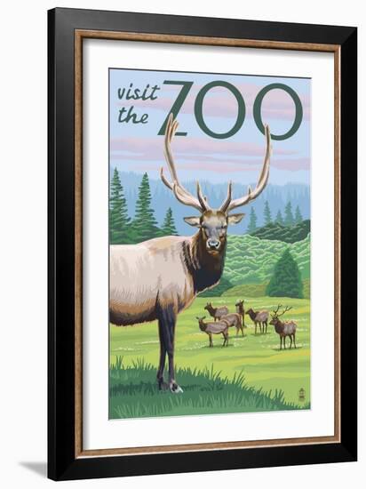 Visit the Zoo, Elk and Herd-Lantern Press-Framed Premium Giclee Print