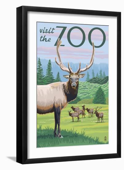 Visit the Zoo, Elk and Herd-Lantern Press-Framed Premium Giclee Print