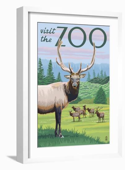 Visit the Zoo, Elk and Herd-Lantern Press-Framed Premium Giclee Print