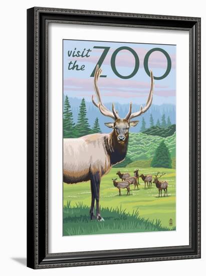 Visit the Zoo, Elk and Herd-Lantern Press-Framed Premium Giclee Print