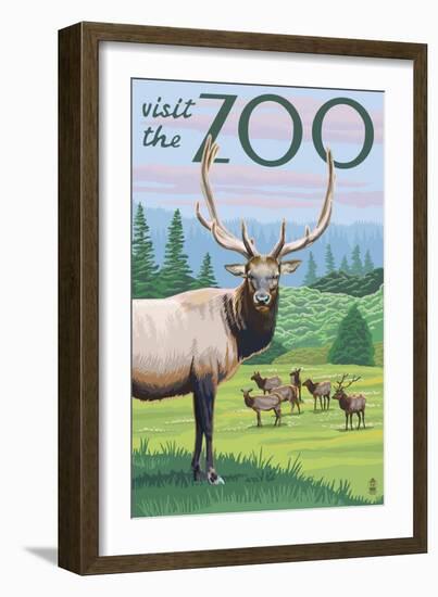Visit the Zoo, Elk and Herd-Lantern Press-Framed Art Print