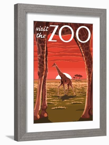 Visit the Zoo, Giraffe Scene-Lantern Press-Framed Premium Giclee Print