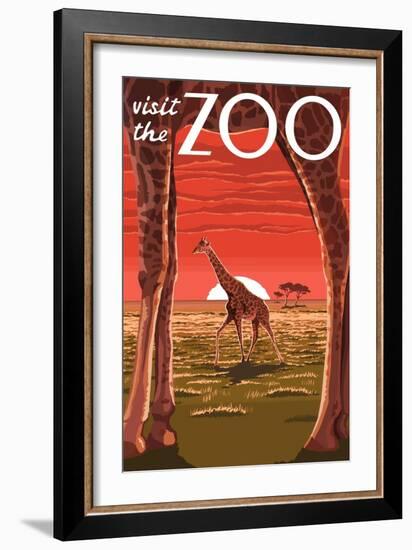 Visit the Zoo, Giraffe Scene-Lantern Press-Framed Premium Giclee Print