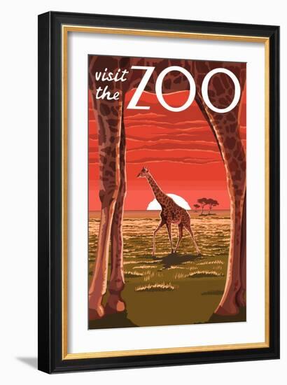 Visit the Zoo, Giraffe Scene-Lantern Press-Framed Premium Giclee Print