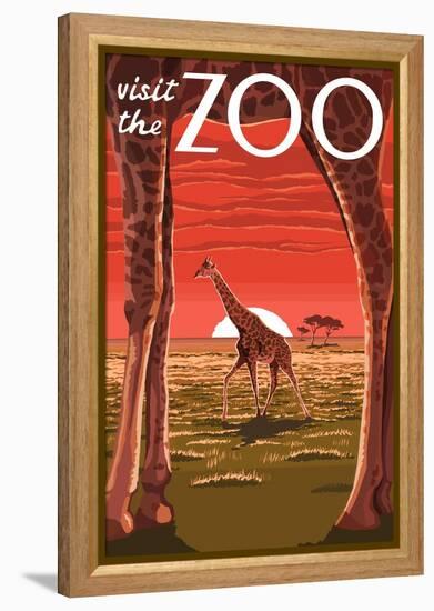 Visit the Zoo, Giraffe Scene-Lantern Press-Framed Stretched Canvas