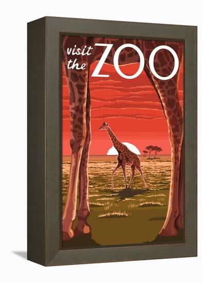 Visit the Zoo, Giraffe Scene-Lantern Press-Framed Stretched Canvas