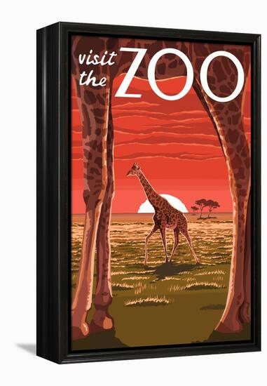 Visit the Zoo, Giraffe Scene-Lantern Press-Framed Stretched Canvas