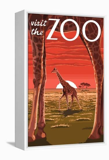 Visit the Zoo, Giraffe Scene-Lantern Press-Framed Stretched Canvas