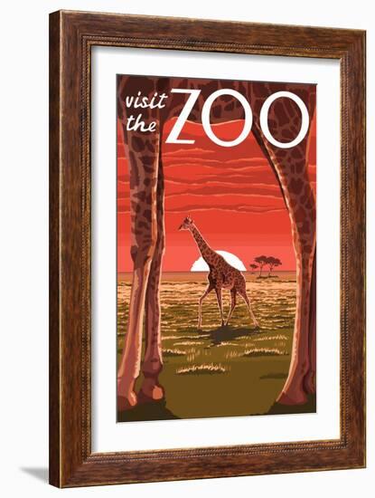 Visit the Zoo, Giraffe Scene-Lantern Press-Framed Art Print