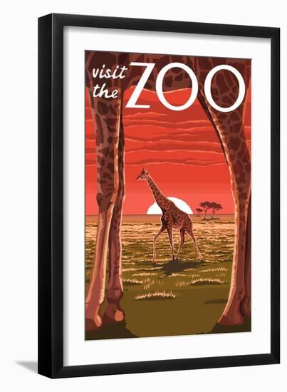 Visit the Zoo, Giraffe Scene-Lantern Press-Framed Art Print