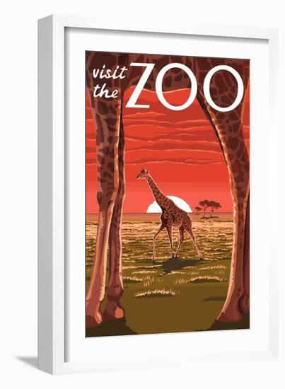 Visit the Zoo, Giraffe Scene-Lantern Press-Framed Art Print