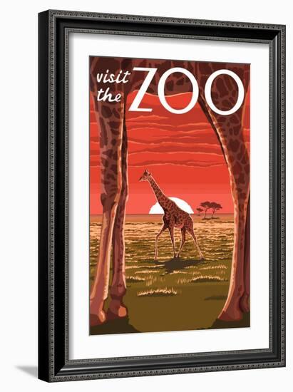 Visit the Zoo, Giraffe Scene-Lantern Press-Framed Art Print