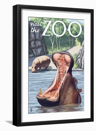 Visit the Zoo, Hippo Scene-Lantern Press-Framed Premium Giclee Print