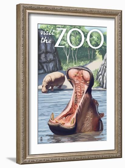 Visit the Zoo, Hippo Scene-Lantern Press-Framed Art Print