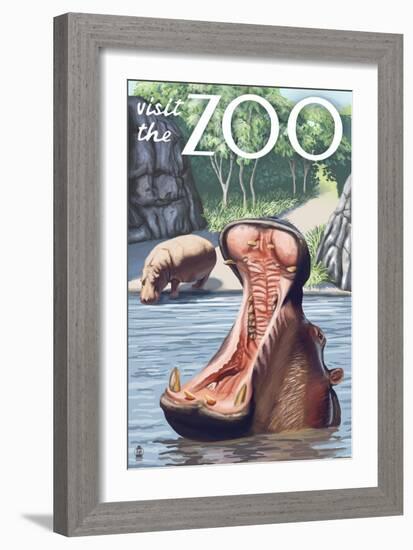 Visit the Zoo, Hippo Scene-Lantern Press-Framed Art Print