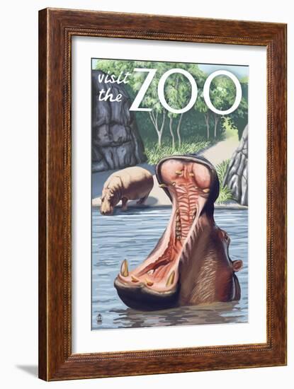 Visit the Zoo, Hippo Scene-Lantern Press-Framed Art Print