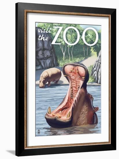 Visit the Zoo, Hippo Scene-Lantern Press-Framed Art Print