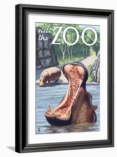 Visit the Zoo, Hippo Scene-Lantern Press-Framed Art Print