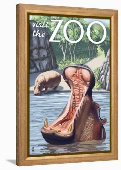 Visit the Zoo, Hippo Scene-Lantern Press-Framed Stretched Canvas