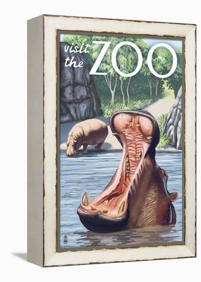 Visit the Zoo, Hippo Scene-Lantern Press-Framed Stretched Canvas