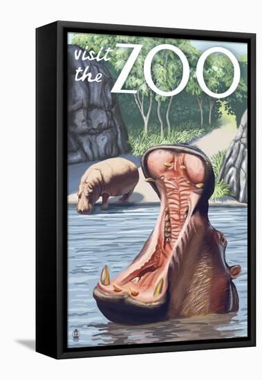 Visit the Zoo, Hippo Scene-Lantern Press-Framed Stretched Canvas