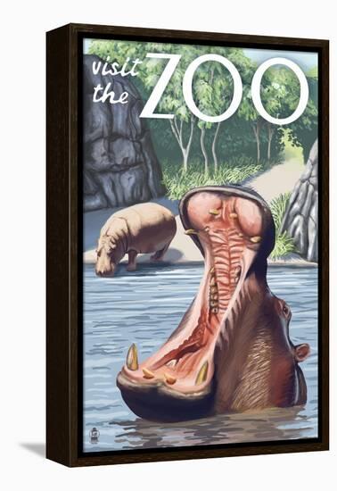 Visit the Zoo, Hippo Scene-Lantern Press-Framed Stretched Canvas