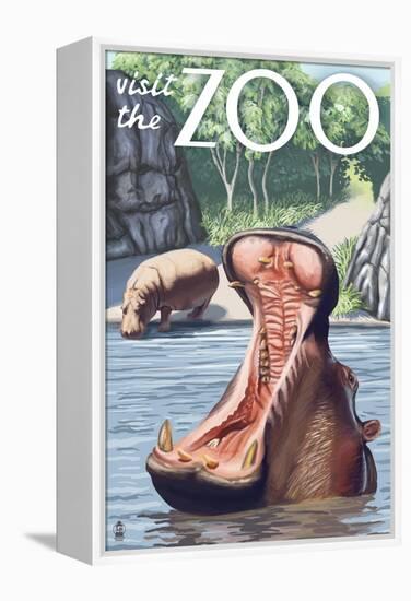 Visit the Zoo, Hippo Scene-Lantern Press-Framed Stretched Canvas