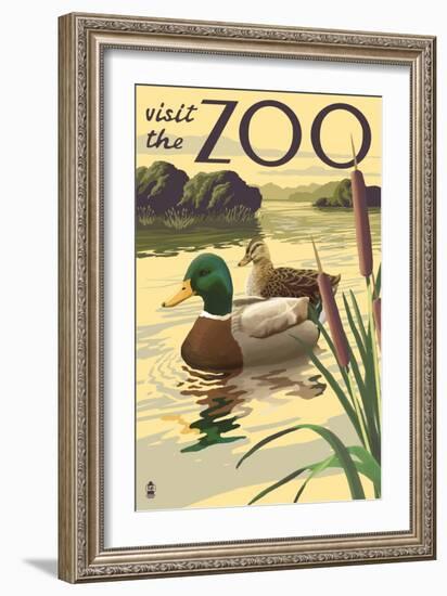 Visit the Zoo, Mallard Ducks Scene-Lantern Press-Framed Art Print