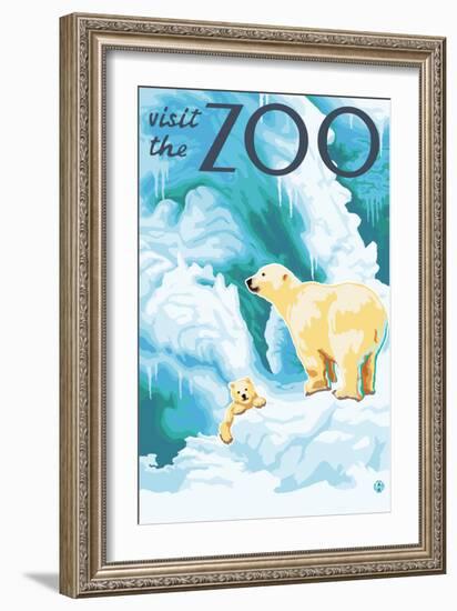 Visit the Zoo, Polar Bear and Cub-Lantern Press-Framed Premium Giclee Print