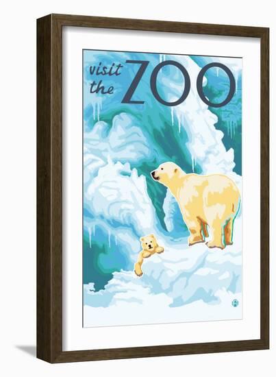 Visit the Zoo, Polar Bear and Cub-Lantern Press-Framed Premium Giclee Print