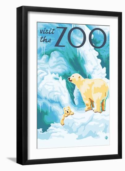 Visit the Zoo, Polar Bear and Cub-Lantern Press-Framed Premium Giclee Print