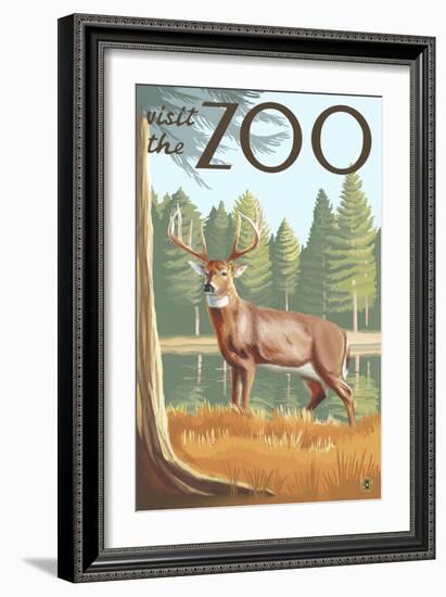 Visit the Zoo, White Tailed Deer Scene-Lantern Press-Framed Art Print