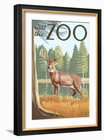 Visit the Zoo, White Tailed Deer Scene-Lantern Press-Framed Art Print