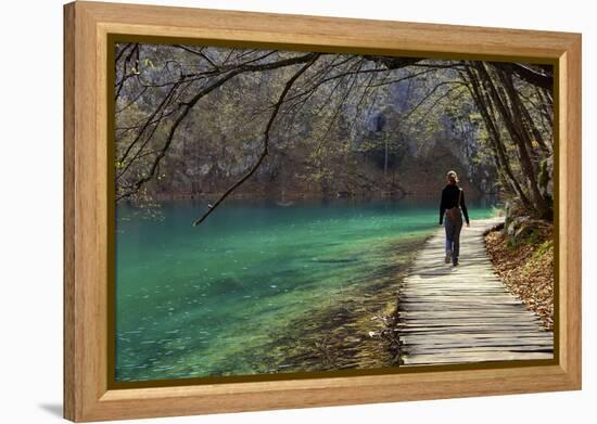 Visitor on Wooden Walkway Path over Crystal Clear Waters of Plitvice Lakes National Park-Simon Montgomery-Framed Premier Image Canvas