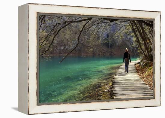 Visitor on Wooden Walkway Path over Crystal Clear Waters of Plitvice Lakes National Park-Simon Montgomery-Framed Premier Image Canvas